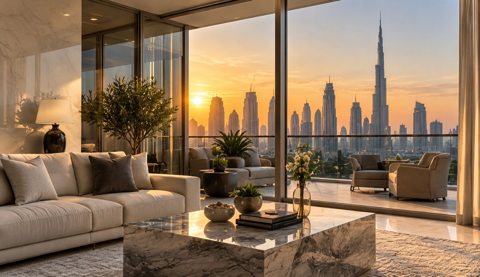 Living room with a view of the Dubai skyline