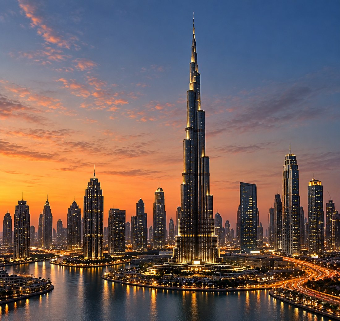 Dubai skyline with Burj Khalifa at dusk